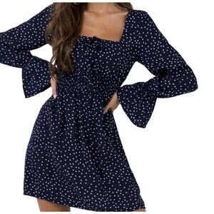 Princess Polly Vertigo Navy Polka Dot Bell Sleeve Smocked Mini Dress Sz 8 Preppy